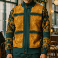 Mens SilverSilk  Hunter Green Gold Faux Leather Patch Knit Zip Jacket 11012