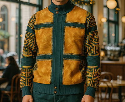 Mens SilverSilk  Hunter Green Gold Faux Leather Patch Knit Zip Jacket 11012