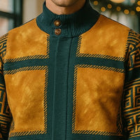 Mens SilverSilk  Hunter Green Gold Faux Leather Patch Knit Zip Jacket 11012