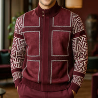 Mens SilverSilk Deep Burgundy Faux Leather Patch Knit Zip Jacket 11012