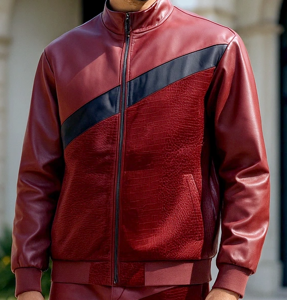 Mens Stacy Adams Burgundy Fig Moto Faux Leather Croco Print Track Suit Slim Fit 2007