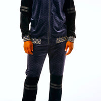Mens Designer Stacy Adams Velour Velvet Slim Fit Track Suit Navy Black Geo 2605