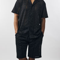 Mens Stacy Adams Black Sheer Lace Button Down Shirt + Shorts 2-Pc Set 3871