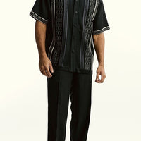 Mens Silversilk Dressy Knit 2PC Shirt + Pant Walking Suit Black Gray 51017