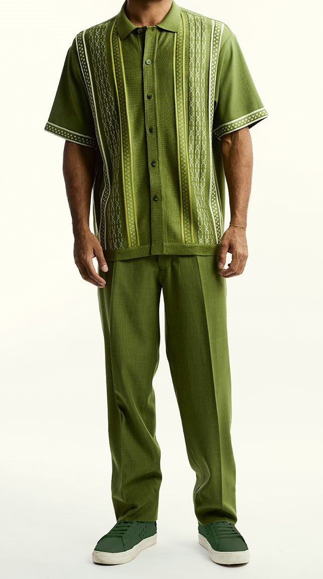 Mens Silversilk Dressy Knit 2PC Shirt + Pant Walking Suit Green 51017