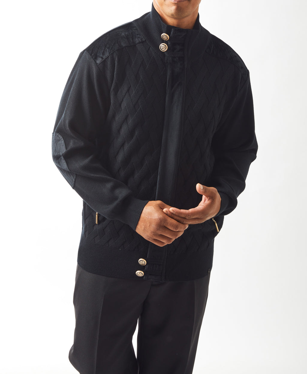 Mens SilverSilk Black Gold Button Full Zip Dress Knit Jacket Elbow Patch 61024