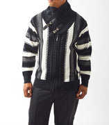 Mens SilverSilk Sharp Black White Shawl High Collar Buckle Detail Knit Jacket 61028