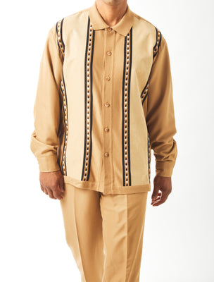 Mens Tan Camel Long Sleeve Suede Panel 2 Piece Set Walking Suit SilverSilk 63003