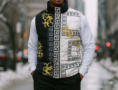 Mens SilverSilk Designer Puffy Vest Contrasting Black + White 65093