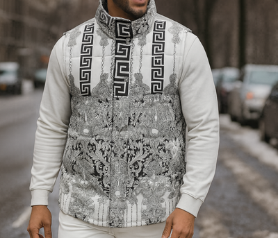 Mens SilverSilk Stylish Puffy Vest Black White Filigree Design 65094