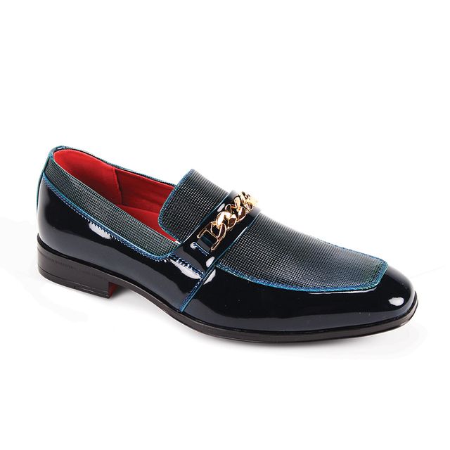 Mens Deep Blue Shiny Patent Leather Dress Shoes Gold Buckle After Midnight 7071
