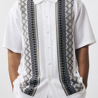 Mens SilverSilk White Black Classy Knit 2 Piece Shirt Pant Walking Leisure Suit 71003