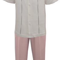 Mens SilverSilk White + Pink Dressy Summer Knit 2PC Shirt and Pants Walking Suit 71007