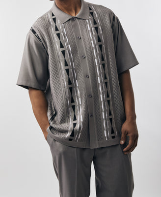Mens SilverSilk Gray Black Summer Knit 2 Piece Shirt + Pants Walking Suit 71032