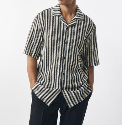 Mens Stacy Adams Black Cream Striped Knit Button Down Short Sleeve Summer Shirt 77102