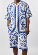 Mens Stacy Adams Designer Shirt + Shorts Set Artistic White Blue Scroll 77115