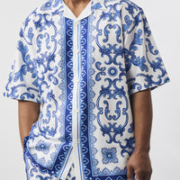 Mens Stacy Adams Designer Shirt + Short Set Artistic White Blue Scroll 77115
