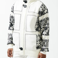 Mens SilverSilk Winter White Leather Patch Zip Designer Knit Jacket 81020