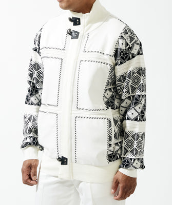 Mens SilverSilk Winter White Leather Patch Zip Designer Knit Jacket 81020