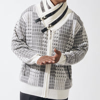 Mens SilverSilk Light Gray, White Shawl Collar Buckle Detail Full Zip Knit Jacket 81021