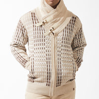 Mens SilverSilk Creamy Tan Beige Shawl Collar Buckle Detail Full Zip Knit Jacket 81021