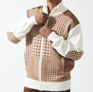 Mens SilverSilk Cream Tan Houndstooth Knit Jacket w/ Elbow Patch 81025