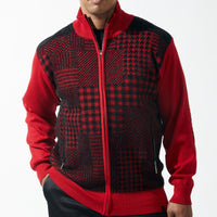 Mens SilverSilk Red Black Houndstooth Knit Jacket w/ Elbow Patch 81025