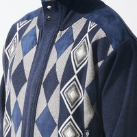 Mens SilverSilk Classy Navy Blue + Gray Argyle Full Zip Knit Jacket 81026