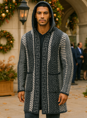 Mens SilverSilk Black Gray Greek Key Thick Knit Sweater Jacket w/ Hoody 82401