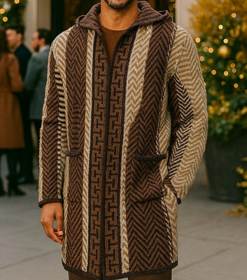 Mens SilverSilk Brown Tan Gray Greek Key Thick Knit Sweater Jacket w/ Hoody 82401