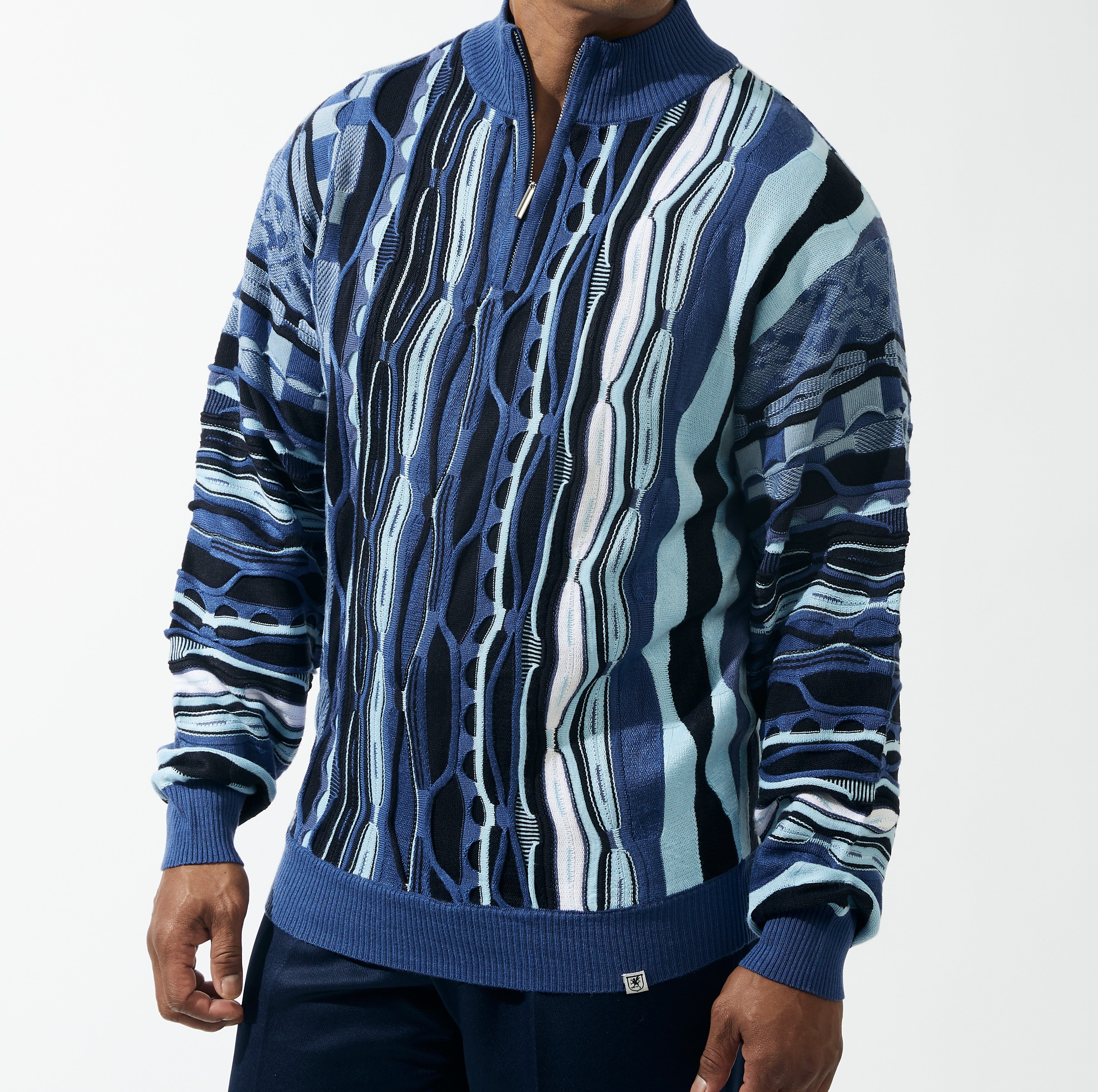 BLESS 5061 M-Sweater MID スポーティ Mens Stacy Adams Navy Sky Blue Vintage Knit Pullover Half Zip
