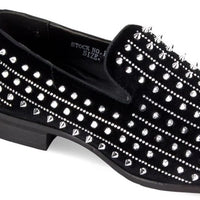 Mens Black Velvet Silver Spikes Rhinestone Loafers Shoes After Midnight Harvie