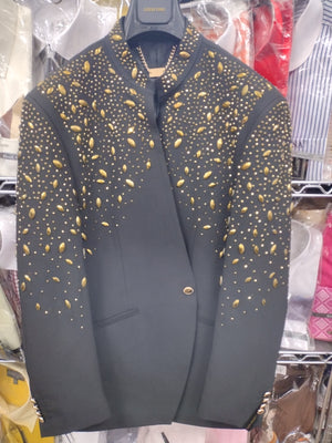 Mens Black Sparkling Gold Rhinestones Collarless Nehru Dress Jacket Blazer LOUIS VINO LVB6