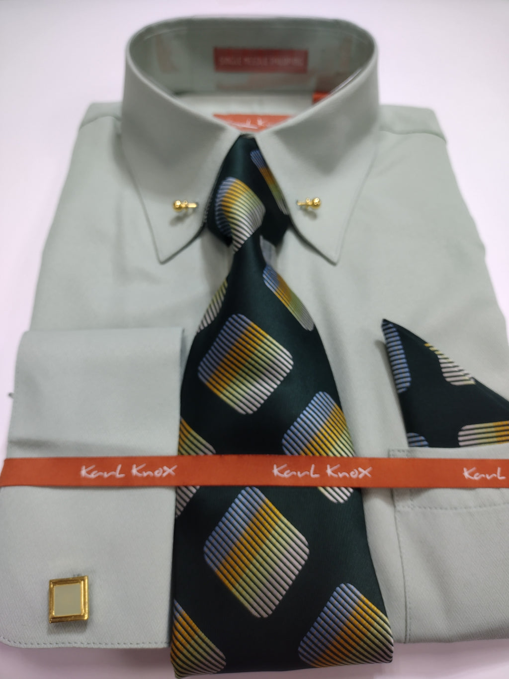Mens Sage/Light Green Eyelet Collar Bar French Cuff Dress Shirt + Tie | Nader Fashion Las Vegas Mens Sage/Light Green Eyelet Collar Bar French Cuff Dress Shirt + Tie | Nader Fashion Las Vegas