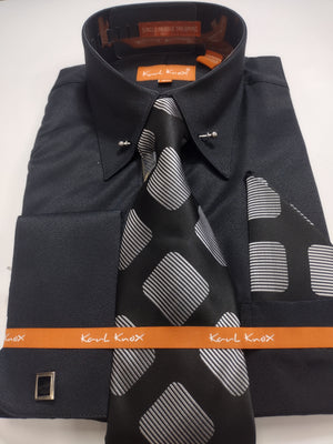 Mens Black French Cuff Dress Shirt + Tie with Unique Collar Bar Design Karl Knox SX4515