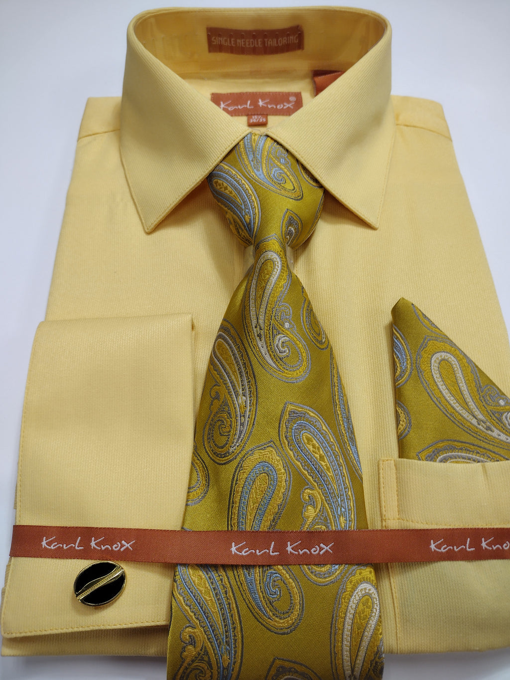 Mens Bright Yellow French Cuff Dress Shirt + Paisley Tie Karl Knox SX4520 Mens Bright Yellow French Cuff Dress Shirt + Paisley Tie Karl Knox SX4520