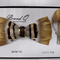 Mens Deluxe Feather Bow Tie + Lapel Pin Charming Design Gold Bronze