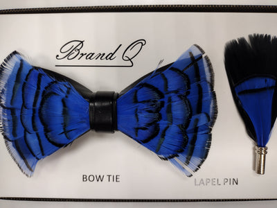 Mens Deluxe Feather Bow Tie + Lapel Pin Exotic Design Royal Blue