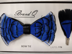 Mens Deluxe Feather Bow Tie + Lapel Pin Exotic Design Royal Blue