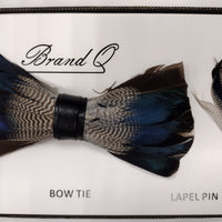 Mens Deluxe Feather Bow Tie + Lapel Pin Exotic Design Black Taupe