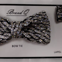 Mens Sparkling Silver Pretied Bow Tie + Lapel Pin Gorgeous Accessory for Formals, Weddings, Prom