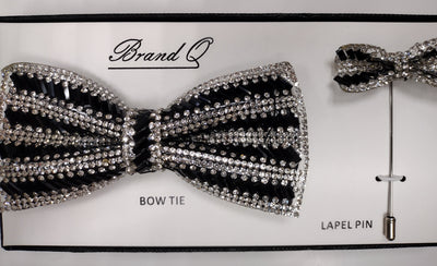 Mens Deluxe Sparkle Black Silver Pretied Bow Tie + Lapel Pin Gorgeous Accessory for Formals, Weddings, Prom