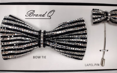 Mens Elegant Silver Black Shiny Pretied Bow Tie + Lapel Pin Gorgeous Accessory for Formals, Weddings, Prom