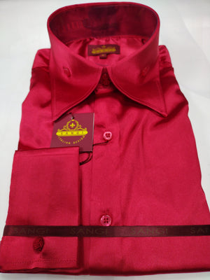 Mens Shiny Red Silky Satin High Collar French Cuff Shirt SANGI SEBASTIAN COLL.