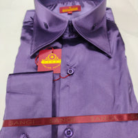 Mens Shiny Purple Silky Satin High Collar French Cuff Shirt SANGI SEBASTIAN COLL.