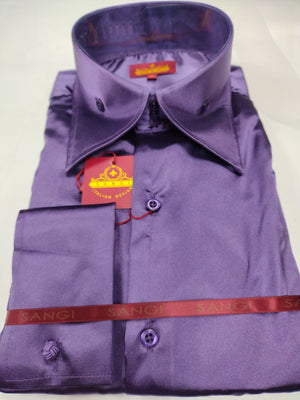 Mens Shiny Purple Silky Satin High Collar French Cuff Shirt SANGI SEBA | Nader Fashion Las Vegas Mens Shiny Purple Silky Satin High Collar French Cuff Shirt SANGI SEBA | Nader Fashion Las Vegas