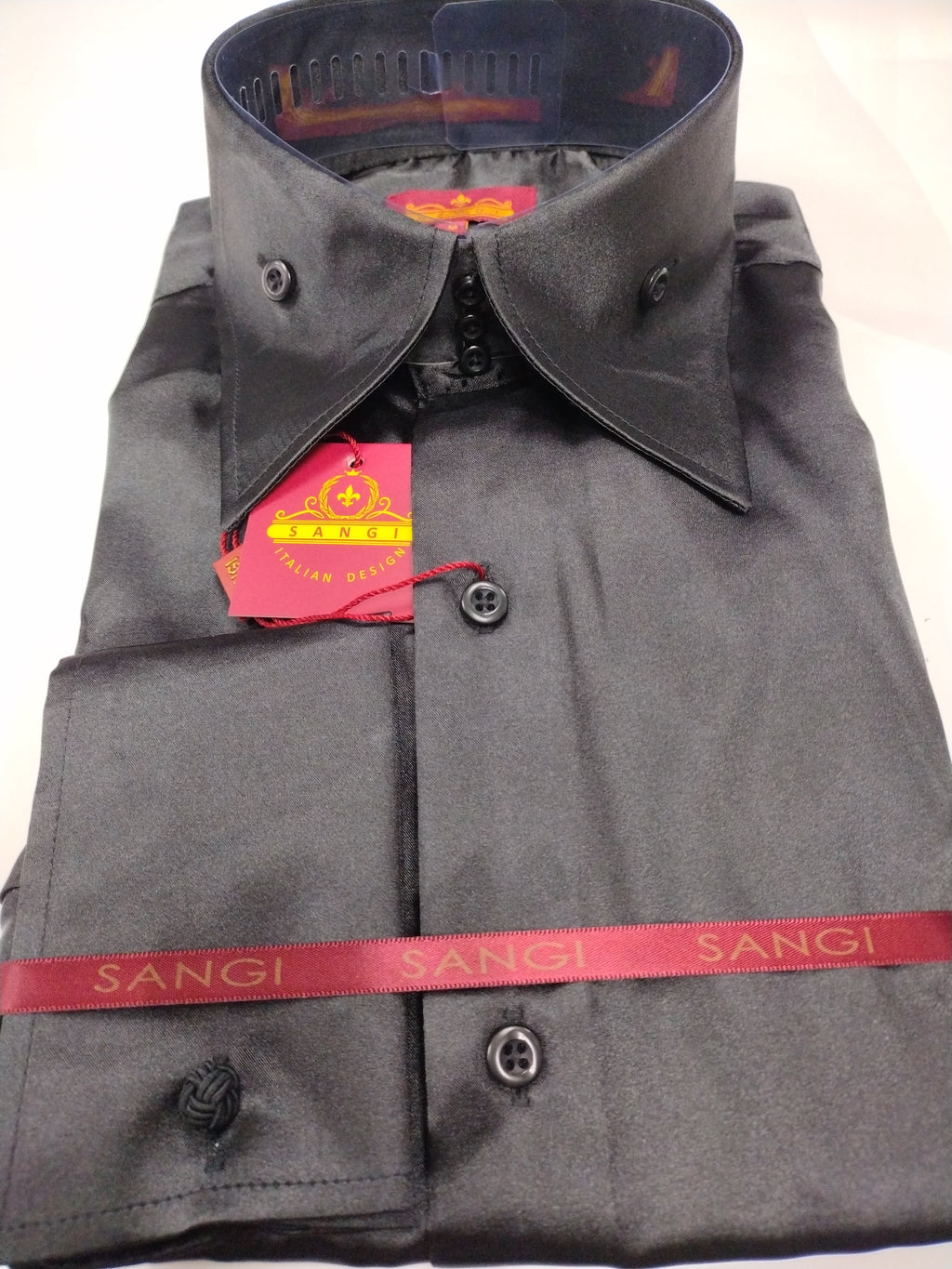 Mens Shiny Jet Black Silky Satin High Collar French Cuff Shirt SANGI SEBASTIAN COLL. 3XL Mens Shiny Jet Black Silky Satin High Collar French Cuff Shirt SANGI SEBASTIAN COLL. 3XL