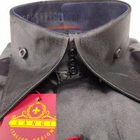 Mens Shiny Jet Black Silky Satin High Collar French Cuff Shirt SANGI SEBASTIAN COLL.