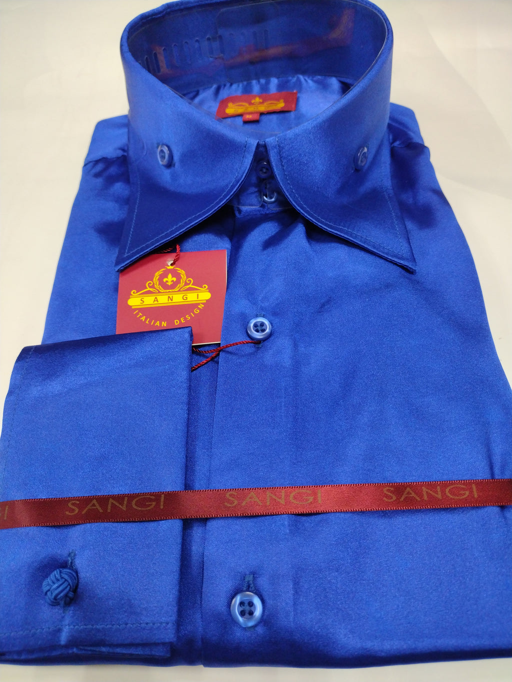 Mens Shiny Electric Royal Blue Silky Satin High Collar French Cuff Shi | Nader Fashion Las Vegas Mens Shiny Electric Royal Blue Silky Satin High Collar French Cuff Shi | Nader Fashion Las Vegas
