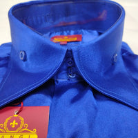 Mens Shiny Electric Cobalt Blue Silky Satin High Collar French Cuff Shirt SANGI SEBASTIAN COLL.